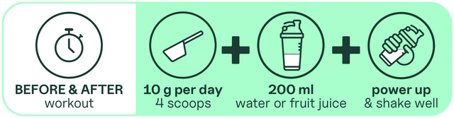 Neem dagelijks 10 g BCAA (4 scheppen) vóór en na het sporten; mengen met 200 ml water of fruitsap en goed schudden.
