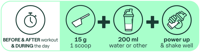 Neem dagelijks 15 g (1 schep) vóór en na het sporten en gedurende de dag; mengen met 200 ml water of andere drank en goed schudden.