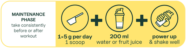 Neem dagelijks 5 g creatine (1 schep), consistent vóór of na het sporten; mengen met 200 ml water of fruitsap en goed schudden.